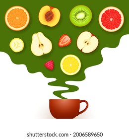 Cup of black or green tea and cloud with fruits and berries above it. Concept of flavored tea drinking, healthy aromatic beverage