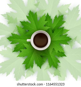 Cup of black hot coffee standing on autumn leaves. Fall background decorated with bright red maple leaves. Coffee break banner. Vector design illustration.