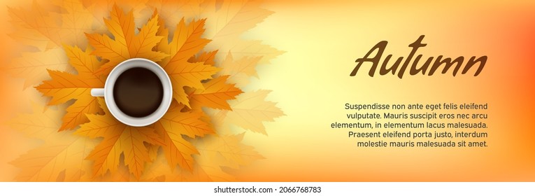 Cup of black hot coffee standing on autumn leaves. Fall background decorated with bright red maple leaves. Coffee break banner. Vector design illustration.