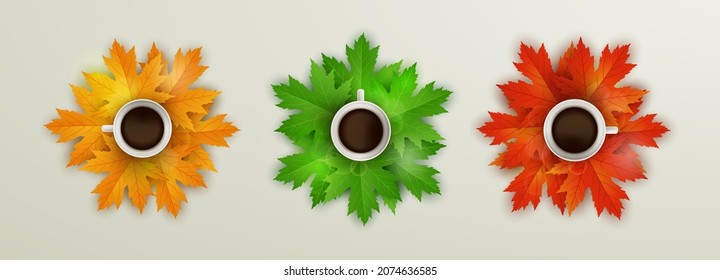 Cup of black hot coffee standing on autumn leaves. Fall background decorated with bright red maple leaves. Coffee break banner. Vector design illustration.