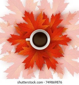Cup of black hot coffee standing on autumn leaves. Fall background decorated with bright red maple leaves. Coffee break banner. Vector design illustration.