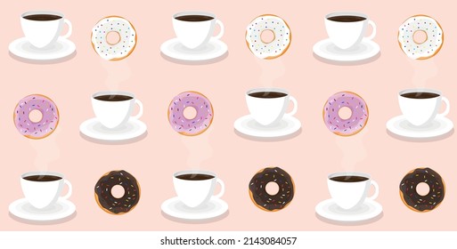 cup of black roasted fresh coffee espresso latte cappuccino with donuts texture pattern