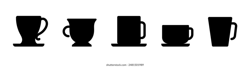 Cup black silhouette set. Coffe or tea cups vector icon collection.