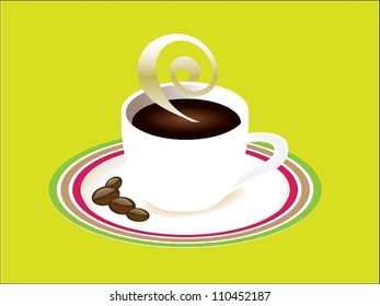 Cup of black steaming coffee with saucer, some coffee beans, vector eps8