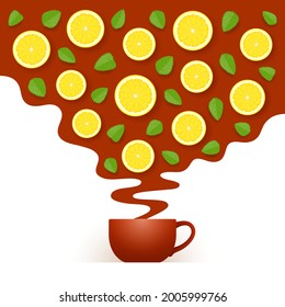 Cup of black tea and cloud with lemon slices and mint leaves above it. Concept of flavored tea drinking, time to drink healthy beverage
