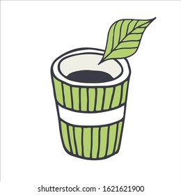 Cup of black tea and leaf of mint, vector drawing isolated on white background