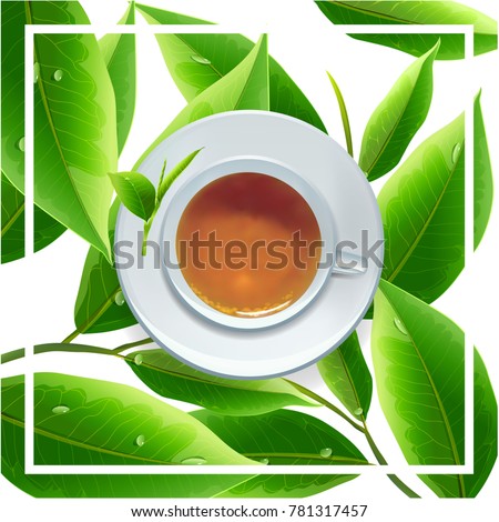Cup of black tea with tea leaves  on green background. vector illustration.