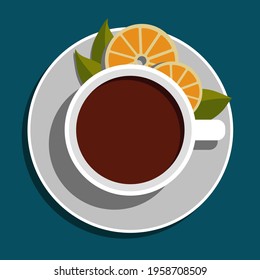 A cup of black tea with lemon and leaves on a saucer on a dark blue background. Flat design. Vector illustration for menu, cafe, restaurant, recipes.