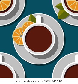 A cup of black tea with lemon and leaves on a saucer on a dark blue background seamless pattern. Flat design. Vector template for menu, cafe, restaurant, recipes.