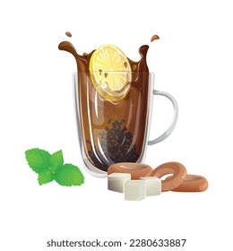 A cup of black tea with lemon. Mint leaves, sugar and bagels, drying lay out on the sides. Vector illustration isolated on white background. Cute design for printing on t-shirts
