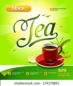 cup of black tea with lemon on a bright background