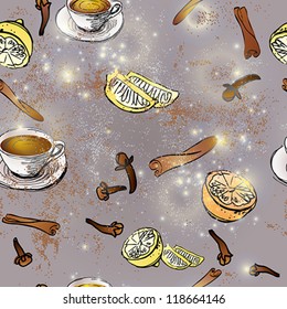 A cup of black tea with lemon and spice / Seamless drawn background