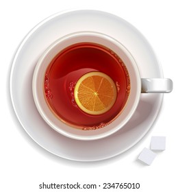 Cup of black tea with lemon and sugar standing on a saucer (plate). Illustration realistic vector. 