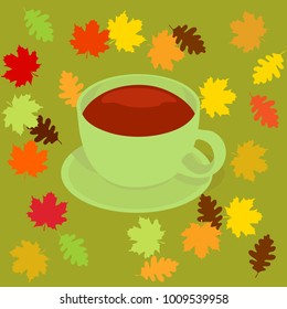 A cup of black tea on a saucer, against the background of autumn leaves. Vector illustration. To decorate the decor, a menu for coffee, a restaurant, a shop.