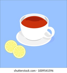 A cup of black tea on a saucer with lemon on a blue background. Vector illustration. To decorate the decor, a menu for coffee, a restaurant, a shop.