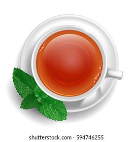 Cup of black tea on saucer with mint leaves. Top view. Vector illustration, isolated on white background.