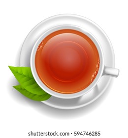 Cup of black tea on saucer with tea leaves. Top view. Vector illustration, isolated on white background.