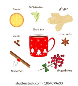 A Cup of black tea. Set with spices. Ginger, cardamom, cloves, cinnamon, lemon, star anise, lingoberries. Vector