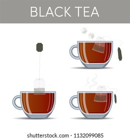A cup of black tea with teabag inside, vector set