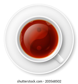 Cup of black tea with traditional Chinese Yin-Yang symbol