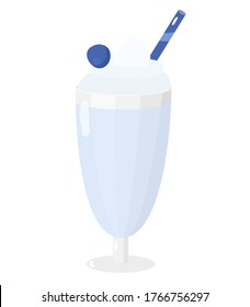 Cup of blue milkshake with cream and blueberry on top. Flat vector illustration isolated on white background for cafe, restaurant or menu.