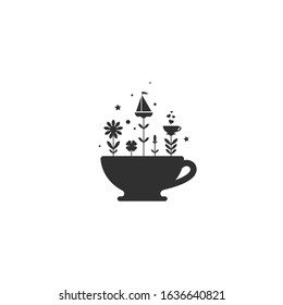 cup with boat, flowers and sprouts icon. Mug with tea or coffee icon flat.   Vector illustration isolated on white. Morning coffee inspiration. Creative, imagination, fantasy. Education logo