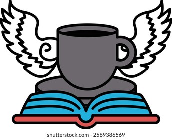 A cup and a book with wings on top of it. The cup is empty and the book is open