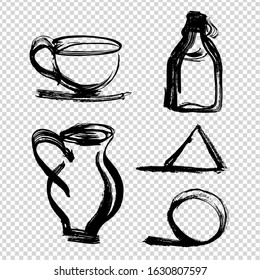 Cup, bottle, jug, ball, triangle drawn with a wide brush stroke isolated on imitation transparent background