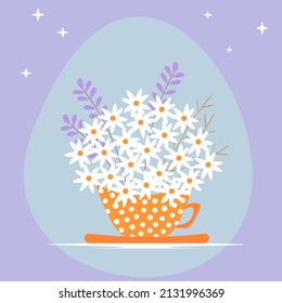 
cup with a bouquet of chamomile