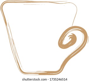 Cup - a brown outline is drawn in the style of doodle, dishes for coffee. Tea party symbol in abstract form, icon for a coffee shop.