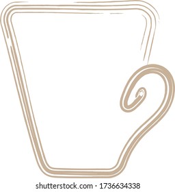 Cup - a brown outline is drawn in the style of doodle, dishes for coffee. Tea party symbol in abstract form, icon for a coffee shop.