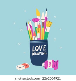 Cup with brushes and pencils inside. Lettering Love drawing. Vector illustration with artistic materials.