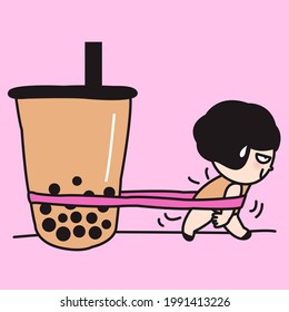 A Cup Of Bubble Milk Tea is Holding Hopeless Girl Back With Resistance Band. Sugary Drinks Addiction Concept Card Character illustration