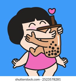 A Cup Of Bubble Milk Tea is Hugging on Young Lady's Face cartoon character