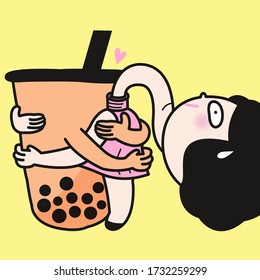 A Cup Of Bubble Milk Tea Hugs The Girl So Tight Like Squeezing The Toothpaste Tube. Sweets Lover Concept Card Character illustration