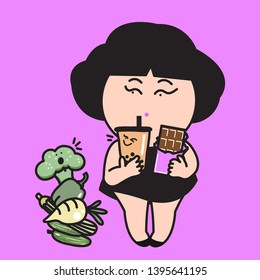 A Cup Of Bubble Milk Tea Makes A Taunting Face To A Broccoli. Girl Choose Sweet Treats Rather Than Healthy Veggies. Concept Of Hopeless Weight Watcher Card Character illustration.