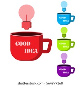 cup and bulb, drink and idea, Vector image flat design,colored cups, red, green, blue, violet