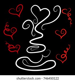 A cup of cA cup of coffee, tea, drawn contours with a heart-shaped steam, hearts around