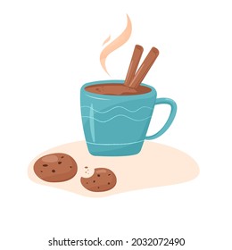 Cup of cacao or coffee with cinnamon and chocolate cookies. Hot beverage with bakery and spicy.