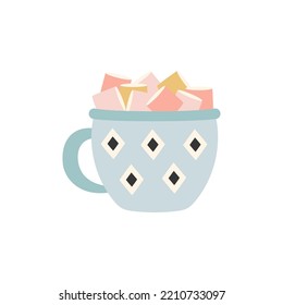 cup of cacao or coffee with marshmallows, cartoon vector illustration of cup decorated ornament, cozy time, hot drink, hygge style