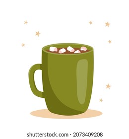 Cup of cacao or coffee with marshmallows. Vector illustration in flat cartoon style.