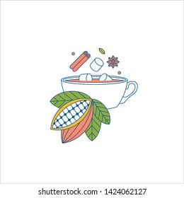 Cup of cacao with marshmallows and spice. Cocoa plant. Flat line. Vector illustration