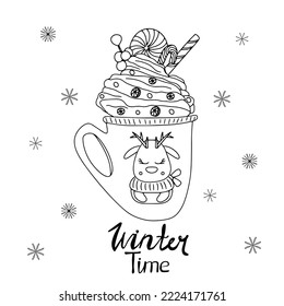 Cup of cacao with whipped cream,  candies. Winter cute deer. Vector doodle hand drawn illustration for Christmas card. Lettering winter time
