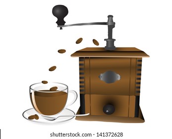 Cup of caffee, grinder and coffee beans
