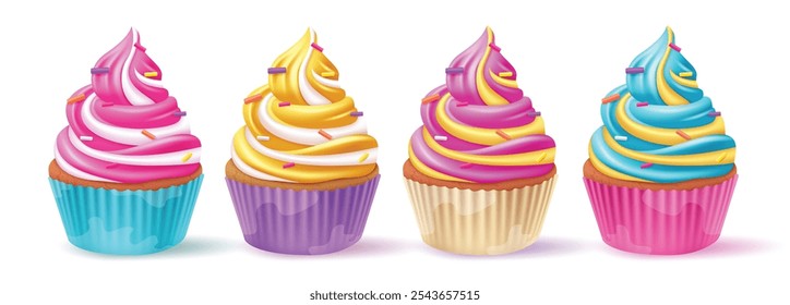 Projeto de conjunto de vetor de aniversário de bolo de xícara. Cupcake clip art 3d coleção realista com colorido twirl glacê e polvilhos para festa evento delicioso sobremesa. Conjunto colorido de muffin ilustração vetor. 
