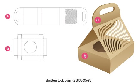 Cup Cake Box With Stenciled Curved Pattern Handle Cover Die Cut Template And 3D Mockup