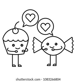 cup cake and candy with speech bubble kawaii character