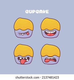 cup cake cartoon. bakery series vector illustration. with different mouth expressions. cute cartoon