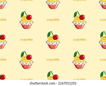 Cup cake cartoon character seamless pattern on yellow background. Pixel style