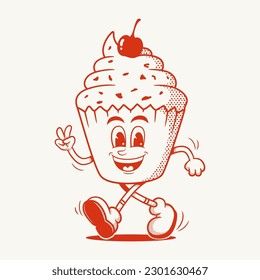 Cup Cake Character, Retro Mascot Character, cute cake illustration